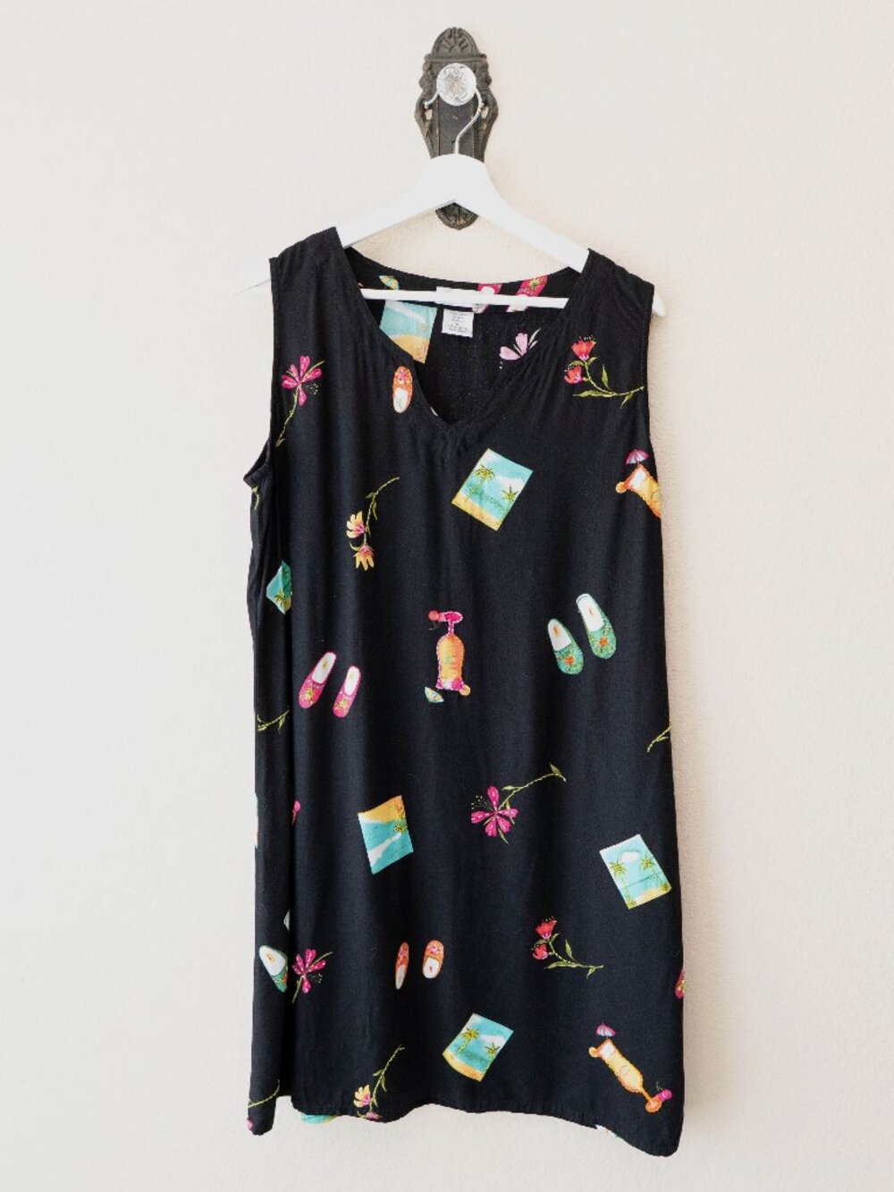 Mango Bay Dress XL Black Tropical Print Sleeveless Vacation Beach Shift Womens